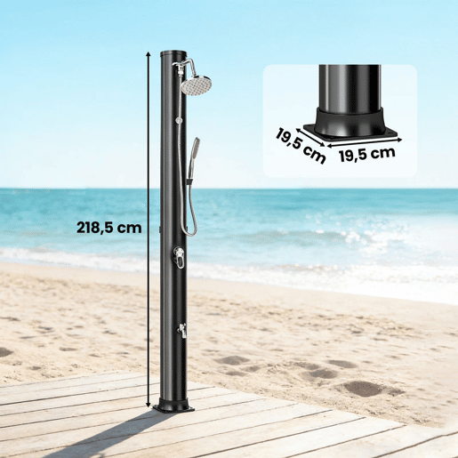 Outsunny Duche Solar de Jardim 40 L Duche Solar Exterior com Chuveiro de Mão Torneira para Pés Água Fria e Quente até 60 °C Ligação a Mangueira para Piscina Camping ou Pátio 19,5x19,5x218,5 cm Preto