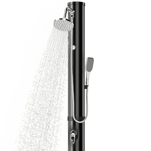 Outsunny Duche Solar de Jardim 40 L Duche Solar Exterior com Chuveiro de Mão Torneira para Pés Água Fria e Quente até 60 °C Ligação a Mangueira para Piscina Camping ou Pátio 19,5x19,5x218,5 cm Preto