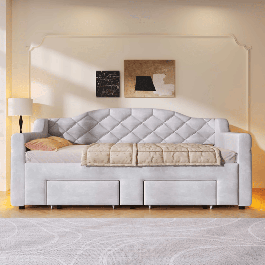 Cama embutida estofada 90x200-180x200 cm - com 2 gavetas e LED - cinzenta