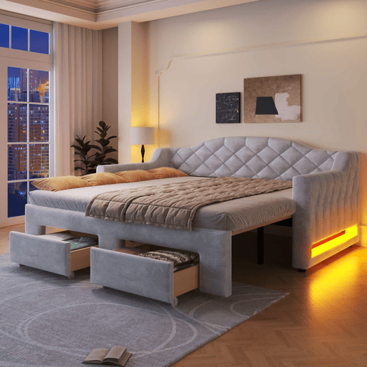 Cama embutida estofada 90x200-180x200 cm - com 2 gavetas e LED - cinzenta