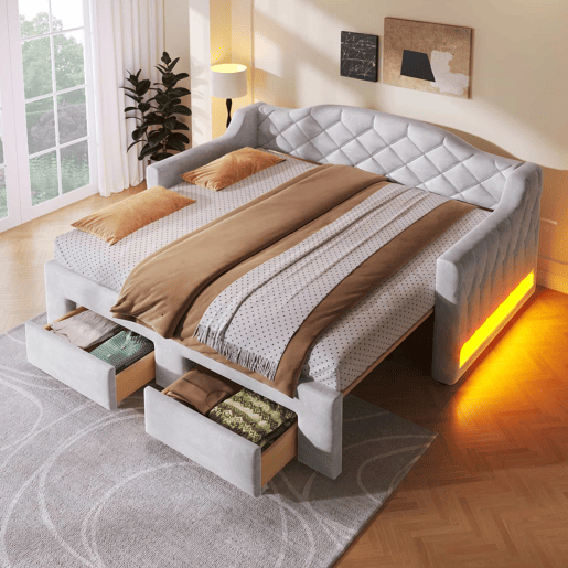 Cama embutida estofada 90x200-180x200 cm - com 2 gavetas e LED - cinzenta