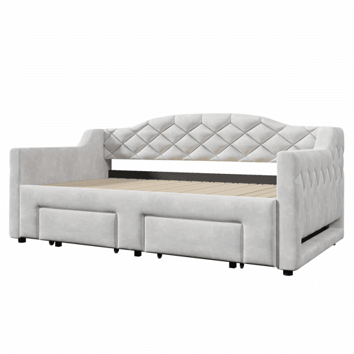 Cama embutida estofada 90x200-180x200 cm - com 2 gavetas e LED - cinzenta