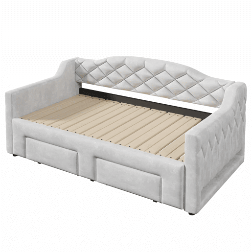 Cama embutida estofada 90x200-180x200 cm - com 2 gavetas e LED - cinzenta