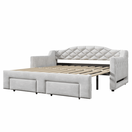 Cama embutida estofada 90x200-180x200 cm - com 2 gavetas e LED - cinzenta