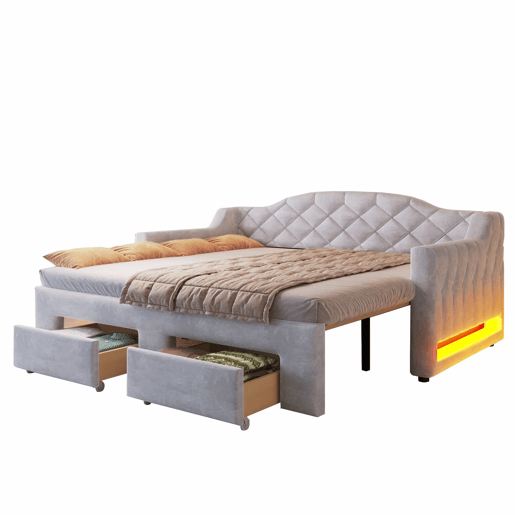 Cama embutida estofada 90x200-180x200 cm - com 2 gavetas e LED - cinzenta
