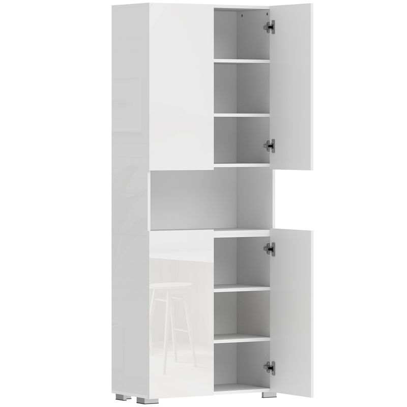 Homcom alacena de cocina, mueble auxiliar de cocina de blanco brillo con 4 puertas, compartimento abierto, estantes ajustables, 68x34x180 cm