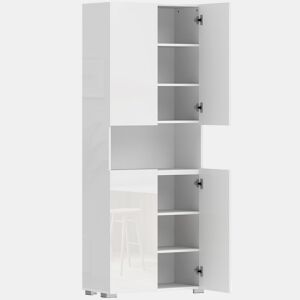 HOMCOM Despensa de Cozinha, Móvel Auxiliar de Cozinha em Branco Brilhante com 4 Portas, Compartimento Aberto e Prateleiras Ajustáveis, 68x34x180 cm
