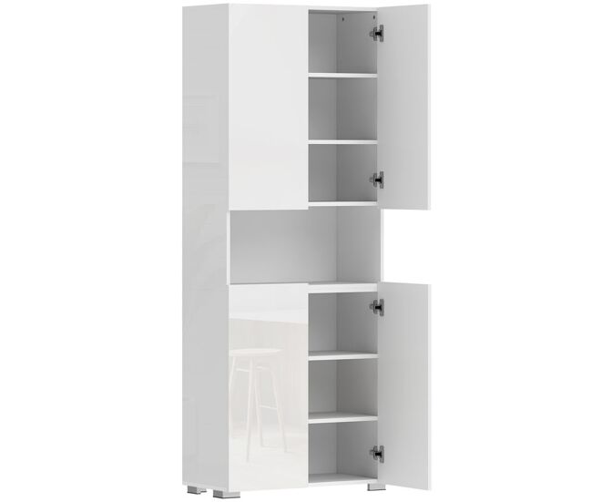 Homcom alacena de cocina, mueble auxiliar de cocina de blanco brillo con 4 puertas, compartimento abierto, estantes ajustables, 68x34x180 cm