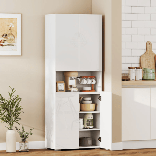 HOMCOM Despensa de Cozinha, Móvel Auxiliar de Cozinha em Branco Brilhante com 4 Portas, Compartimento Aberto e Prateleiras Ajustáveis, 68x34x180 cm