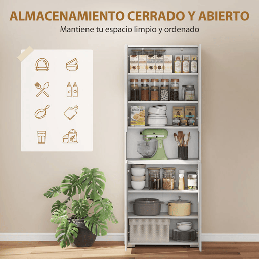 HOMCOM Despensa de Cozinha, Móvel Auxiliar de Cozinha em Branco Brilhante com 4 Portas, Compartimento Aberto e Prateleiras Ajustáveis, 68x34x180 cm