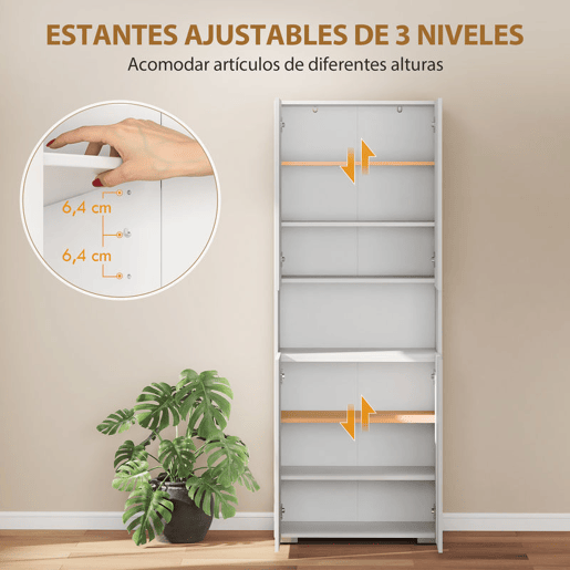 HOMCOM Despensa de Cozinha, Móvel Auxiliar de Cozinha em Branco Brilhante com 4 Portas, Compartimento Aberto e Prateleiras Ajustáveis, 68x34x180 cm