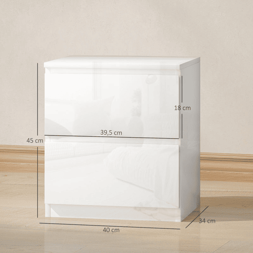 HOMCOM Conjunto de 2 Mesas de Cabeceira Moderna Mesas de Cabeceira com Gavetas Mesas de Cabeceira para Dormitório 40x34x45 cm Branco Brilhante