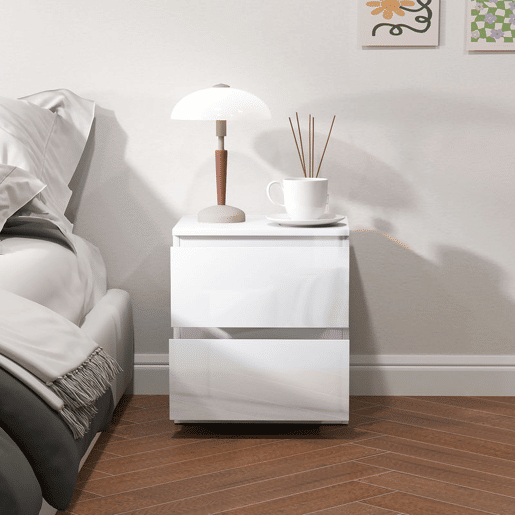 HOMCOM Conjunto de 2 Mesas de Cabeceira Moderna Mesas de Cabeceira com Gavetas Mesas de Cabeceira para Dormitório 40x34x45 cm Branco Brilhante