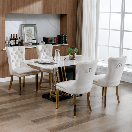 Cadeira de sala de jantar 2 peças - Veludo acolchoado, encosto capitoné, pernas douradas - Bege e dourado