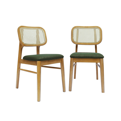 Cadeira boémia em madeira de seringueira e cana, set de 2 Verde caqui - 43x55x81 cm