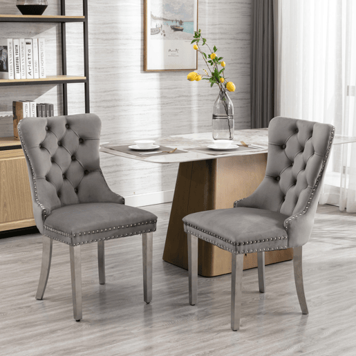 Cadeira de jantar 2 unidades - Estofada em veludo cinzento, pernas em aço cromado, detalhes em tachas - Cinza