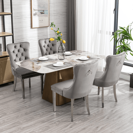 Cadeira de jantar 2 unidades - Estofada em veludo cinzento, pernas em aço cromado, detalhes em tachas - Cinza