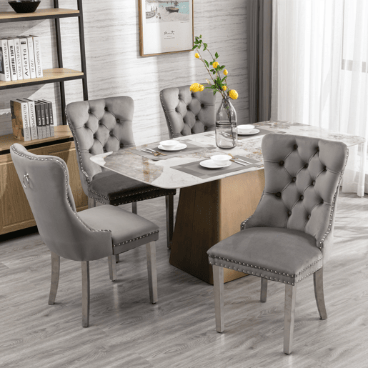 Cadeira de jantar 2 unidades - Estofada em veludo cinzento, pernas em aço cromado, detalhes em tachas - Cinza
