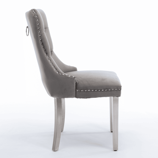 Cadeira de jantar 2 unidades - Estofada em veludo cinzento, pernas em aço cromado, detalhes em tachas - Cinza
