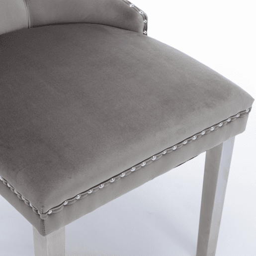 Cadeira de jantar 2 unidades - Estofada em veludo cinzento, pernas em aço cromado, detalhes em tachas - Cinza