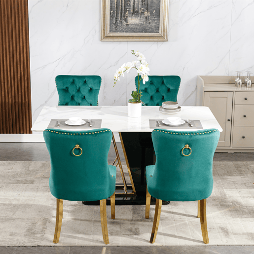 Cadeira de sala de jantar 2 unidades - Estofada em veludo, pernas em aço dourado, capitoné - Verde