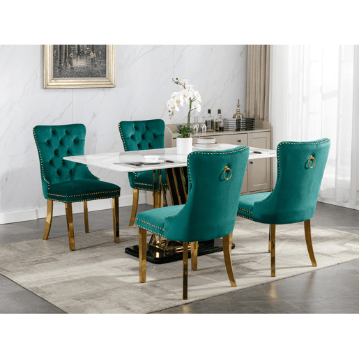 Cadeira de sala de jantar 2 unidades - Estofada em veludo, pernas em aço dourado, capitoné - Verde