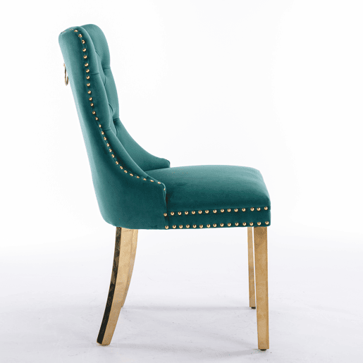 Cadeira de sala de jantar 2 unidades - Estofada em veludo, pernas em aço dourado, capitoné - Verde