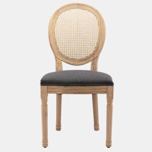 Cadeira de sala de jantar 2 unidades - Estilo francês, madeira maciça, encosto em rattan e linho - Cinza