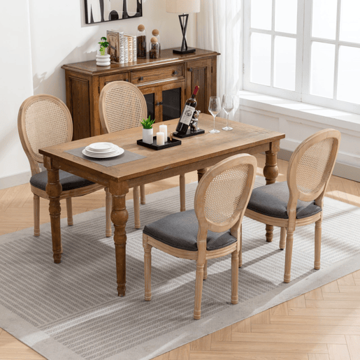 Cadeira de sala de jantar 2 unidades - Estilo francês, madeira maciça, encosto em rattan e linho - Cinza