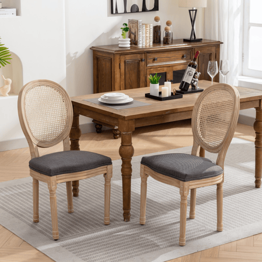 Cadeira de sala de jantar 2 unidades - Estilo francês, madeira maciça, encosto em rattan e linho - Cinza