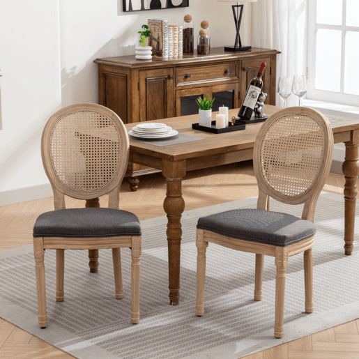 Cadeira de sala de jantar 2 unidades - Estilo francês, madeira maciça, encosto em rattan e linho - Cinza