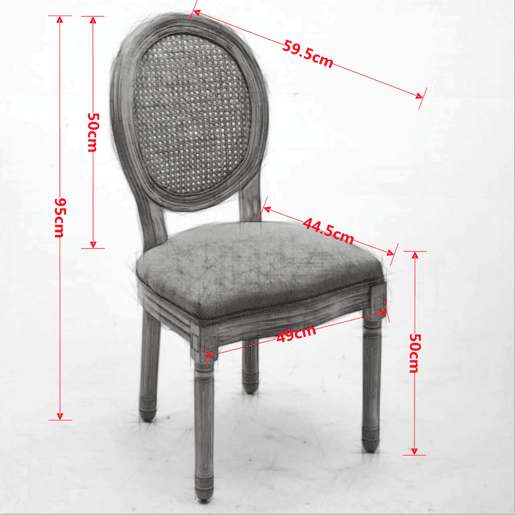 Cadeira de sala de jantar 2 unidades - Estilo francês, madeira maciça, encosto em rattan e linho - Cinza