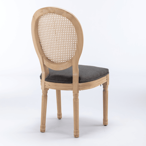 Cadeira de sala de jantar 2 unidades - Estilo francês, madeira maciça, encosto em rattan e linho - Cinza