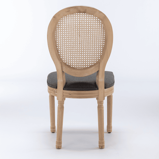 Cadeira de sala de jantar 2 unidades - Estilo francês, madeira maciça, encosto em rattan e linho - Cinza