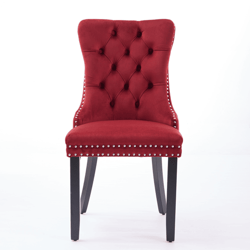 Cadeiras de sala de jantar 2 unidades - veludo capitoné, pernas de madeira com tachas - vermelho vinho