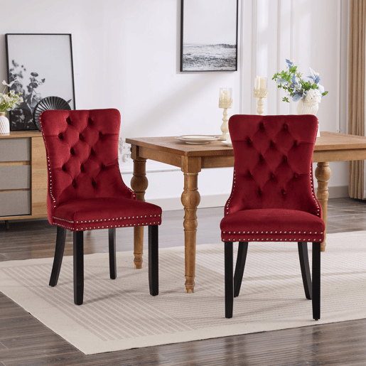 Cadeiras de sala de jantar 2 unidades - veludo capitoné, pernas de madeira com tachas - vermelho vinho