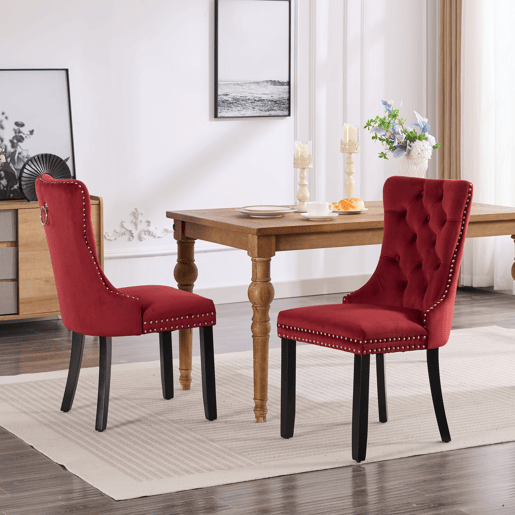 Cadeiras de sala de jantar 2 unidades - veludo capitoné, pernas de madeira com tachas - vermelho vinho
