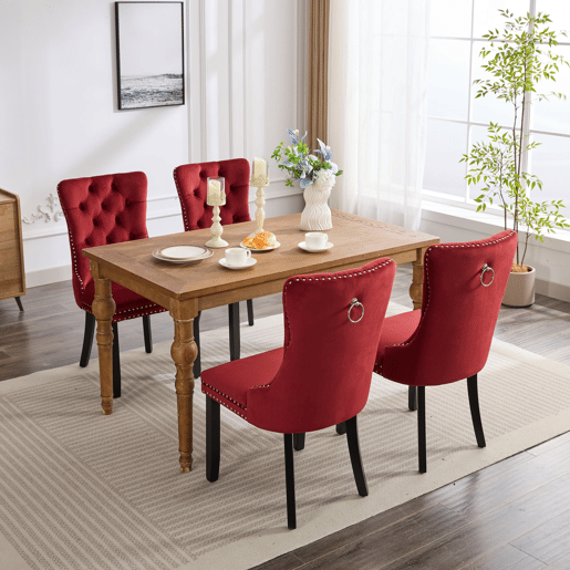 Cadeiras de sala de jantar 2 unidades - veludo capitoné, pernas de madeira com tachas - vermelho vinho