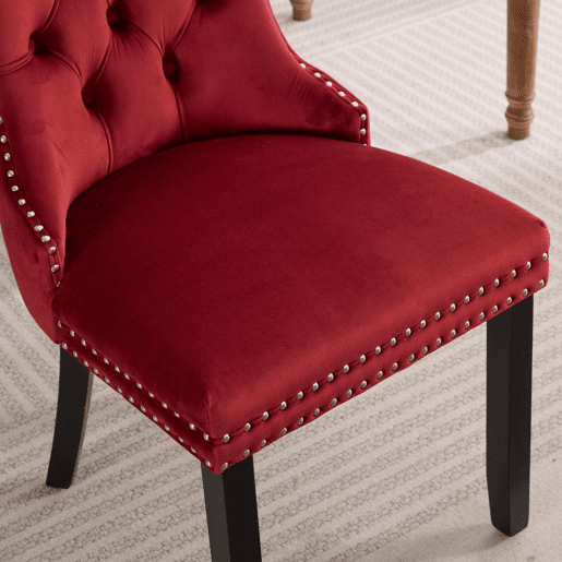 Cadeiras de sala de jantar 2 unidades - veludo capitoné, pernas de madeira com tachas - vermelho vinho