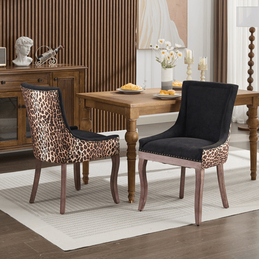 Cadeira de sala de jantar 2 unidades - Estofada em tecido grosso, pernas em madeira maciça, tachas em bronze - Leopardo