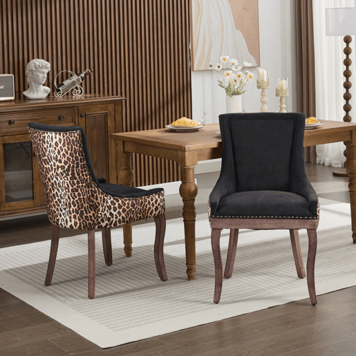 Cadeira de sala de jantar 2 unidades - Estofada em tecido grosso, pernas em madeira maciça, tachas em bronze - Leopardo