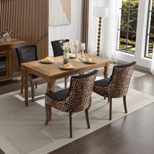 Cadeira de sala de jantar 2 unidades - Estofada em tecido grosso, pernas em madeira maciça, tachas em bronze - Leopardo