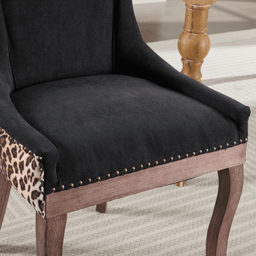 Cadeira de sala de jantar 2 unidades - Estofada em tecido grosso, pernas em madeira maciça, tachas em bronze - Leopardo