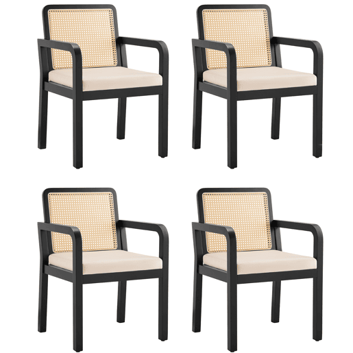 Cadeira de jantar em veludo (4 peças) - ergonómica, encosto em rattan, pernas em madeira de borracha - preta