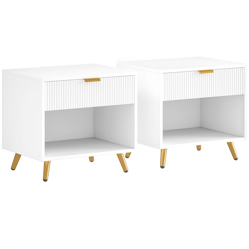 Homcom conjunto de 2 mesitas de noche modernas mesilla de noche con cajón panel acanalado y compartimento abierto para dormitorio salón 50x40x47 cm blanco