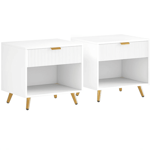 HOMCOM Conjunto de 2 Mesas de Cabeceira Moderna Mesas de Cabeceira com Gaveta Puxador Dourado e Compartimento Aberto Mesas Auxiliares para Sala de Estar Dormitório 50x40x47 cm Branco