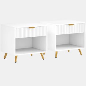 HOMCOM Conjunto de 2 Mesas de Cabeceira Moderna Mesas de Cabeceira com Gaveta Puxador Dourado e Compartimento Aberto Mesas Auxiliares para Sala de Estar Dormitório 50x40x47 cm Branco
