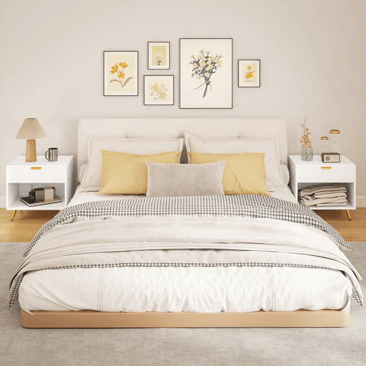HOMCOM Conjunto de 2 Mesas de Cabeceira Moderna Mesas de Cabeceira com Gaveta Puxador Dourado e Compartimento Aberto Mesas Auxiliares para Sala de Estar Dormitório 50x40x47 cm Branco