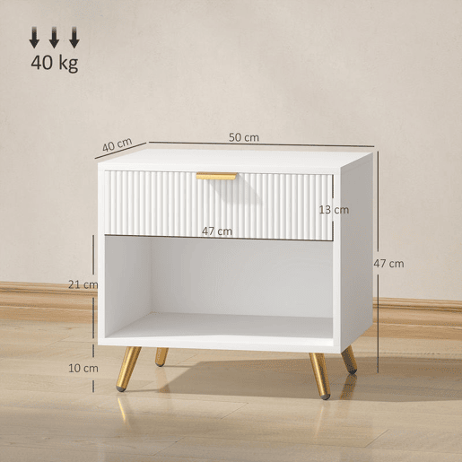 HOMCOM Conjunto de 2 Mesas de Cabeceira Moderna Mesas de Cabeceira com Gaveta Puxador Dourado e Compartimento Aberto Mesas Auxiliares para Sala de Estar Dormitório 50x40x47 cm Branco