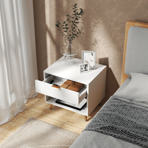 HOMCOM Conjunto de 2 Mesas de Cabeceira Moderna Mesas de Cabeceira com Gaveta Puxador Dourado e Compartimento Aberto Mesas Auxiliares para Sala de Estar Dormitório 50x40x47 cm Branco